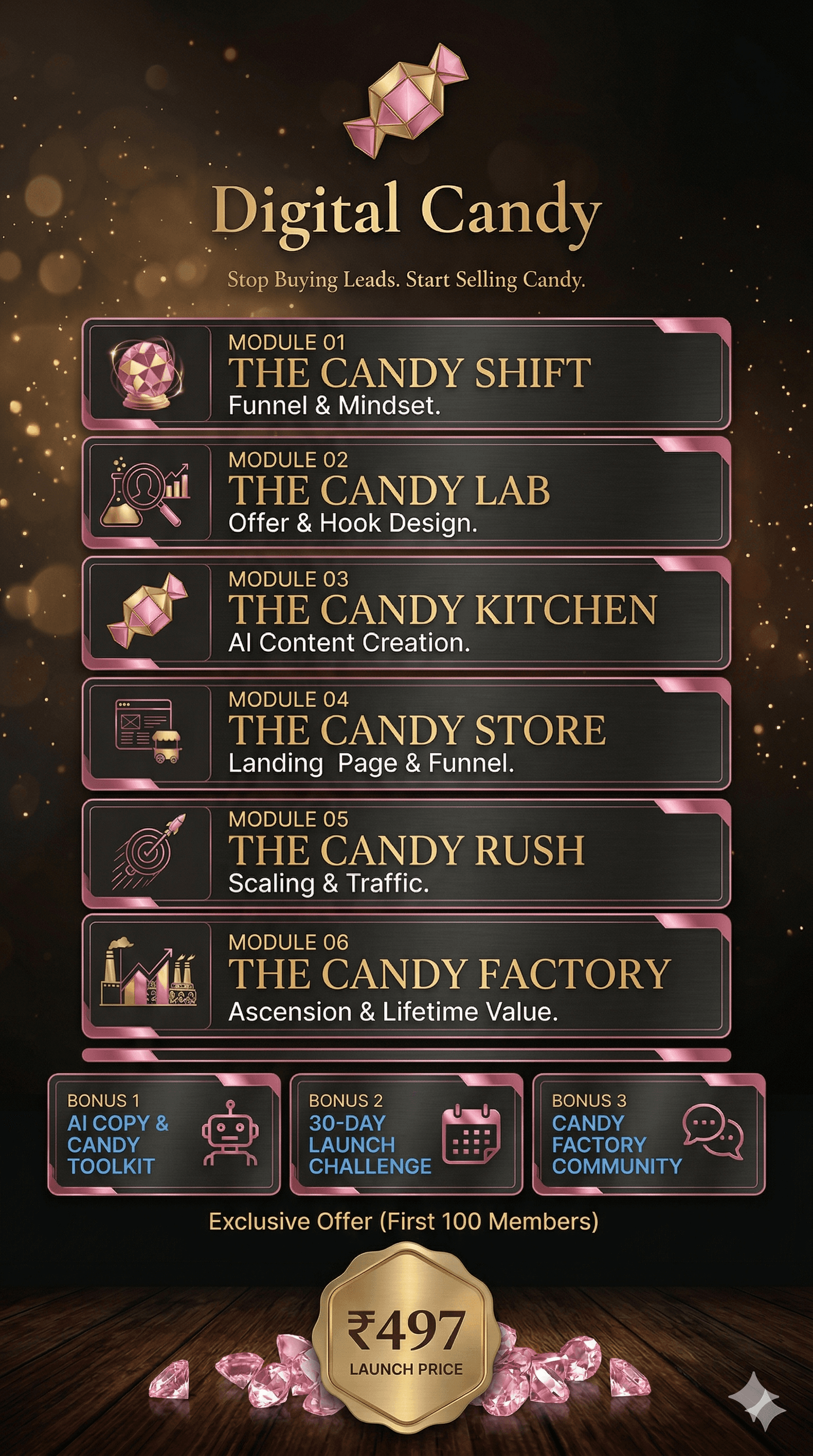 Six Digital Candy modules: The Candy Shift (mindset), The Candy Lab (offer design), The Candy Kitchen (content), The Candy Store (landing page), The Candy Rush (ads), The Candy Factory (ascension). Plus three bonuses.